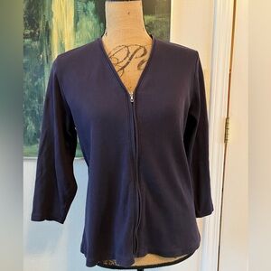 Land’s End cotton black v-neck zipper front 3/4 sleeve blouse top size 10 12